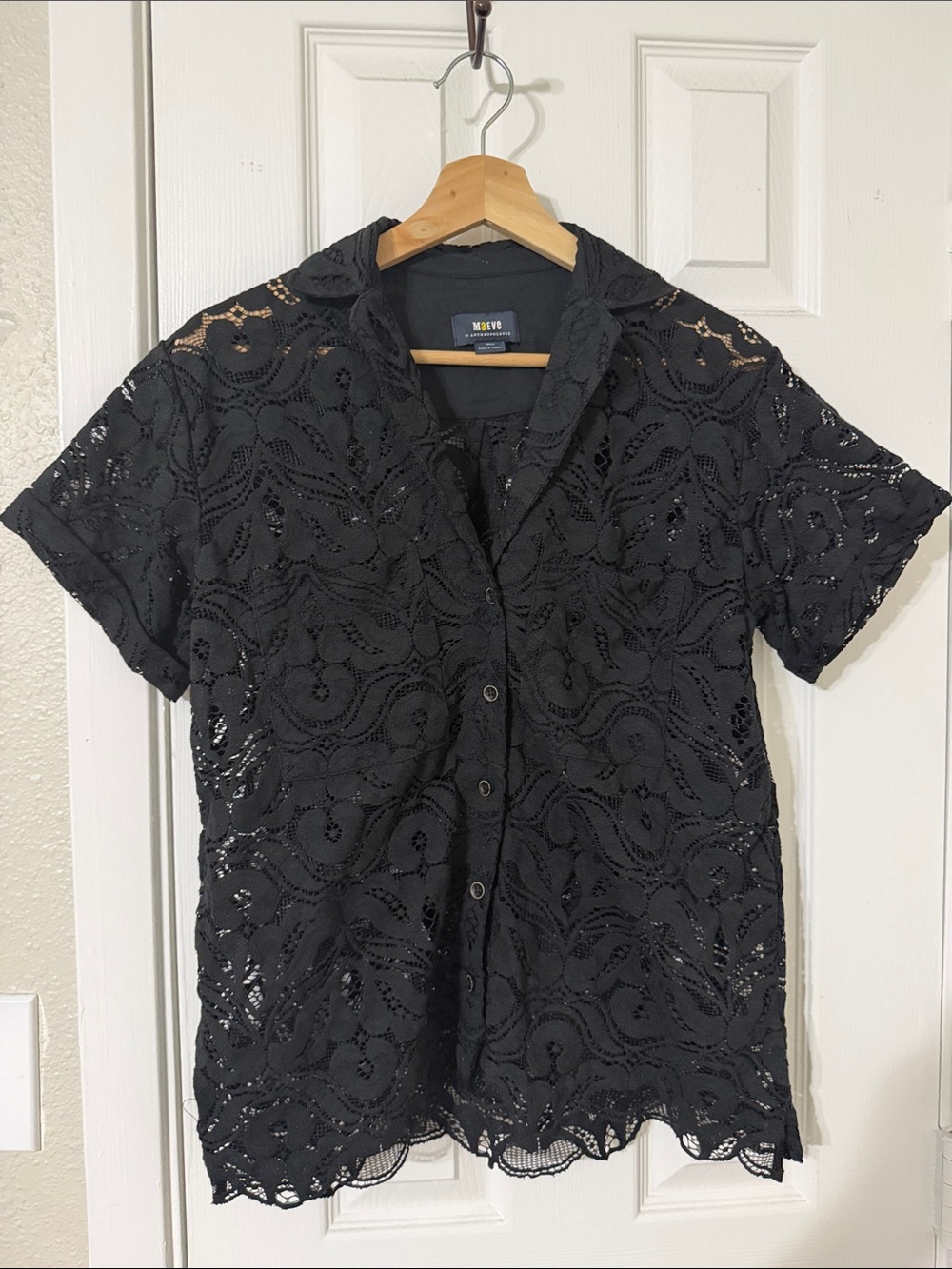 Anthropologie Black Lace Short-Sleeve Button-Down Shirt